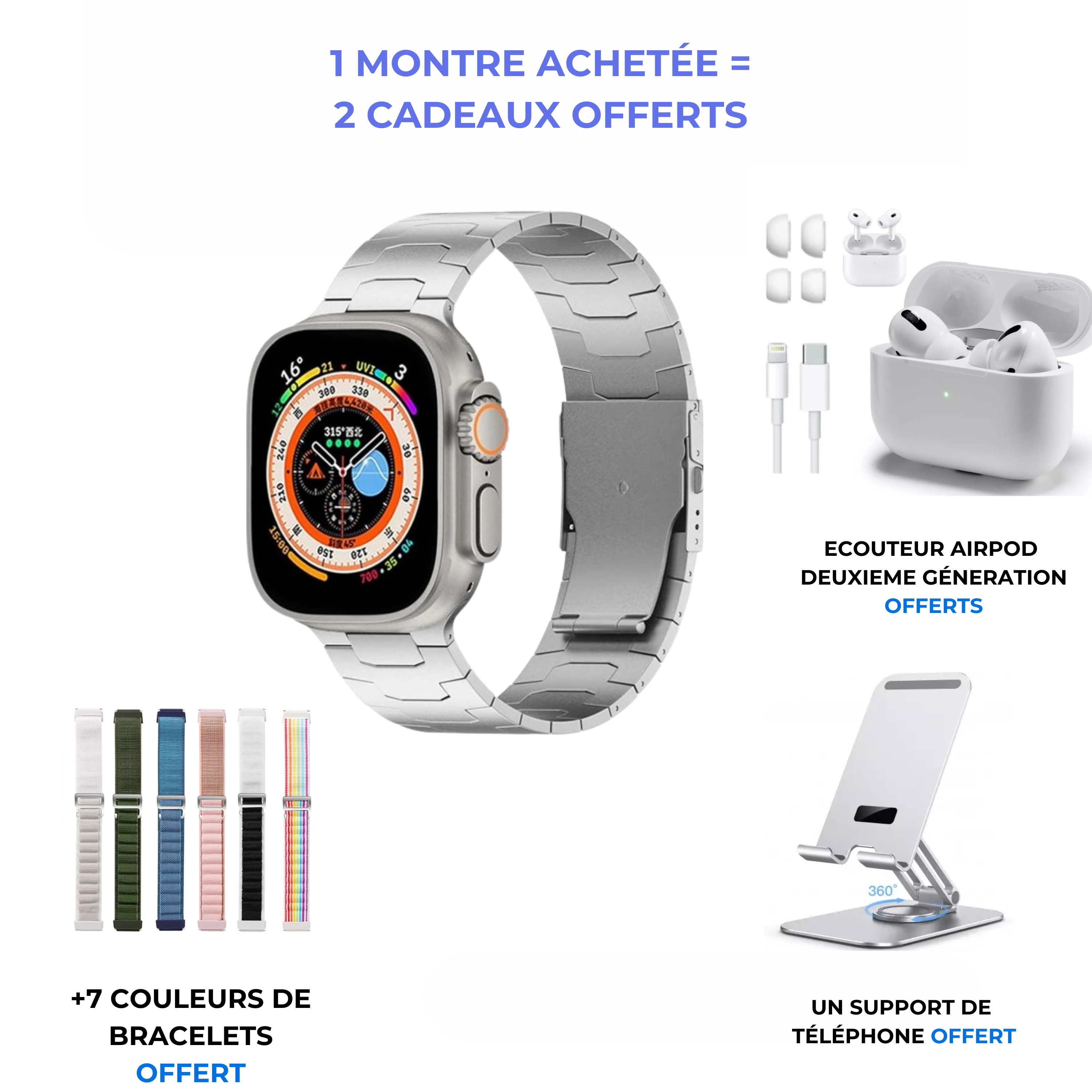 La smartwatch UKLTRA NIG+ support de téléphone + un ecouteur