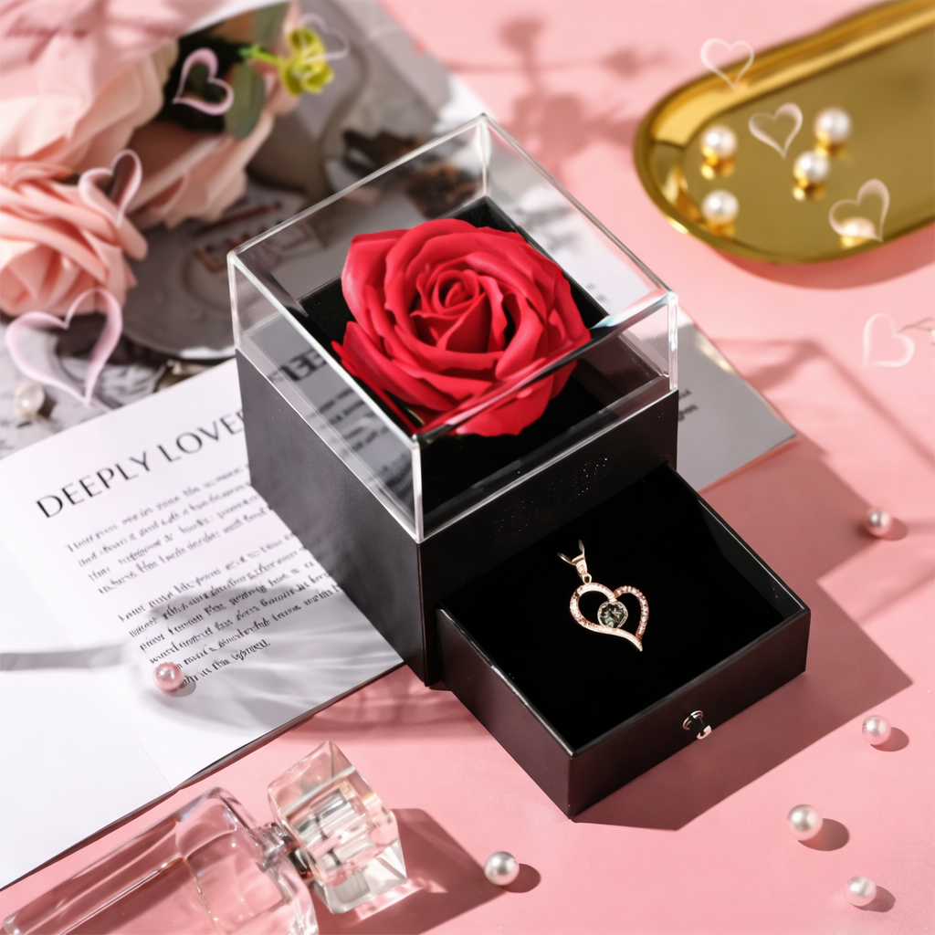 🌹 Boîtier Tiroir Luxe avec Rose Éternelle & Collier 💎™